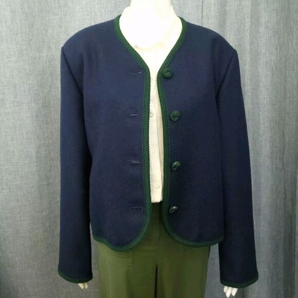 Vintage Pendleton 100% Wool Short Jacket Navy with Green Trim Blazer Size 12 - Picture 1 of 14
